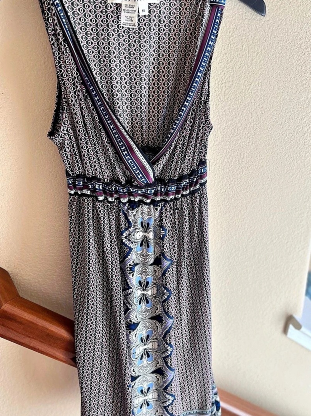 Max Studio Boho Geometric Medallion Border Print Empire Waist V-Neck Dress M